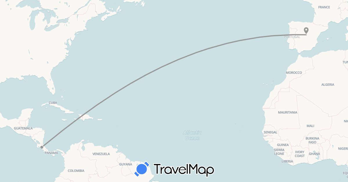 TravelMap itinerary: driving, plane in Costa Rica, Spain (Europe, North America)